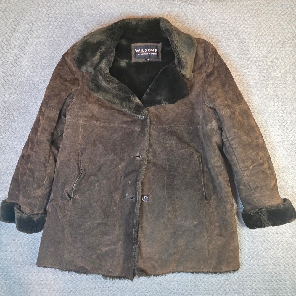 Wilsons Leather Brown Suede Faux Fur Lined Shearling Coat Womens Large Vintage